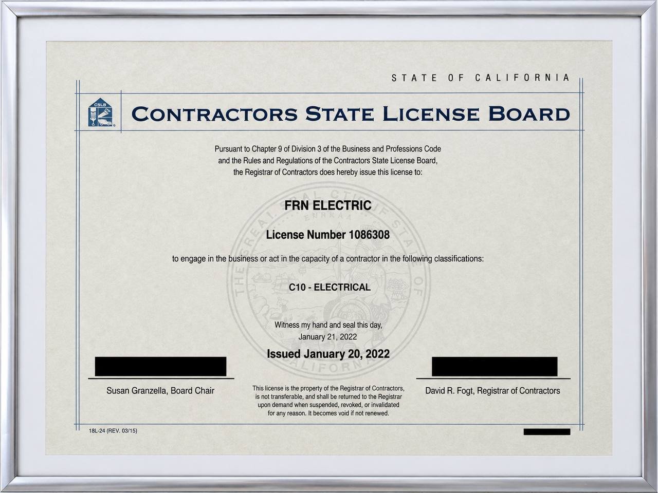 California C-10 Electrical contractor license 1086308